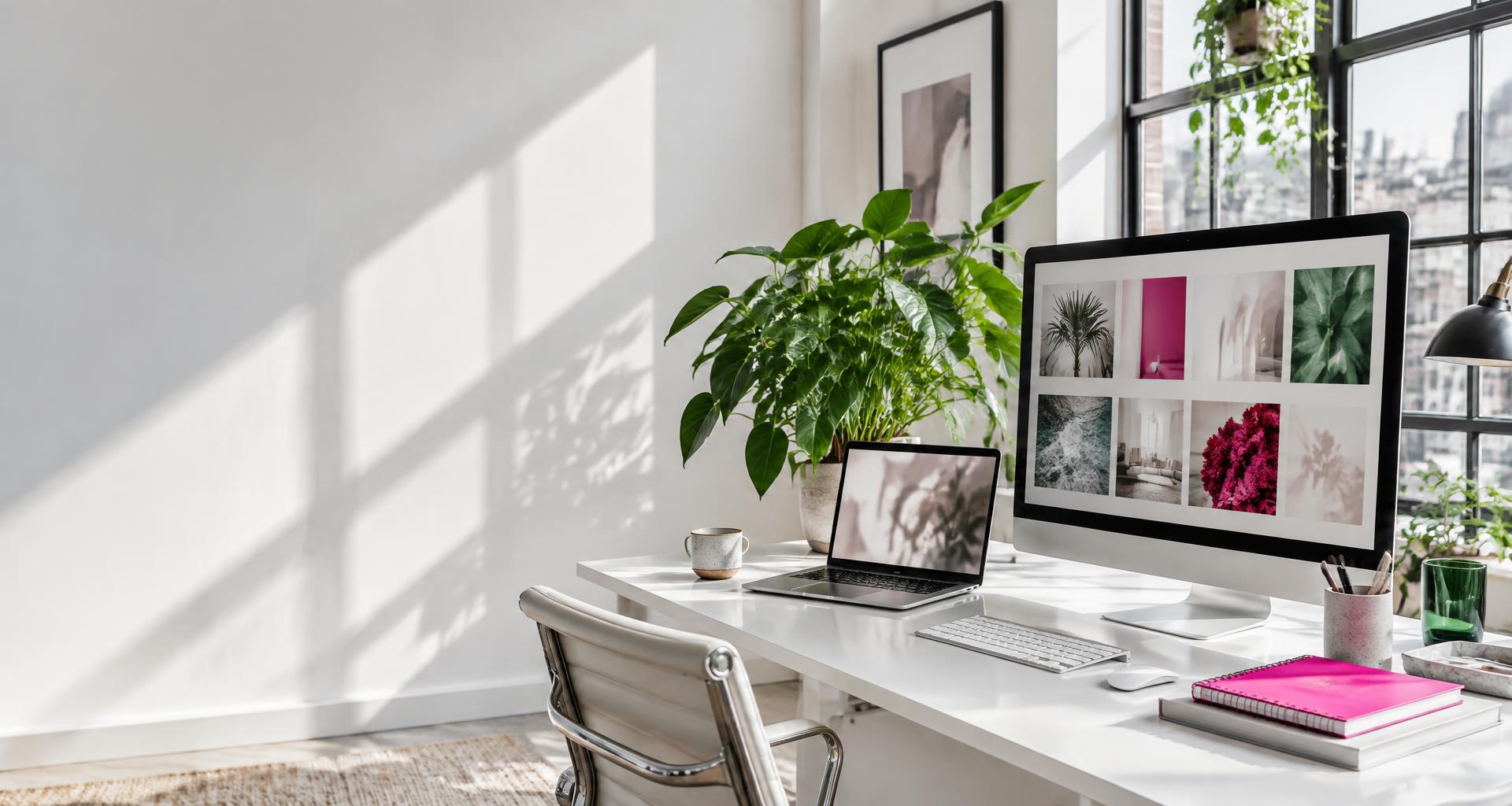 Heller Arbeitsplatz mit Social-Media-Inspiration, Laptop und pinkem Notizbuch